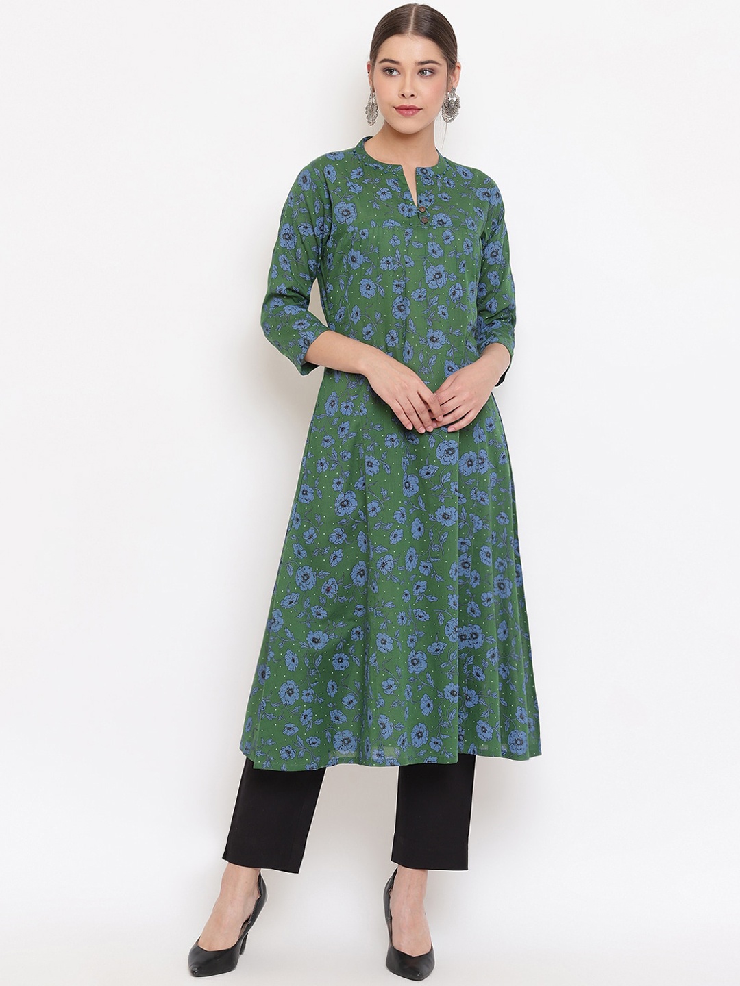 Janasya Women Green & Blue Printed A-Line Kurta