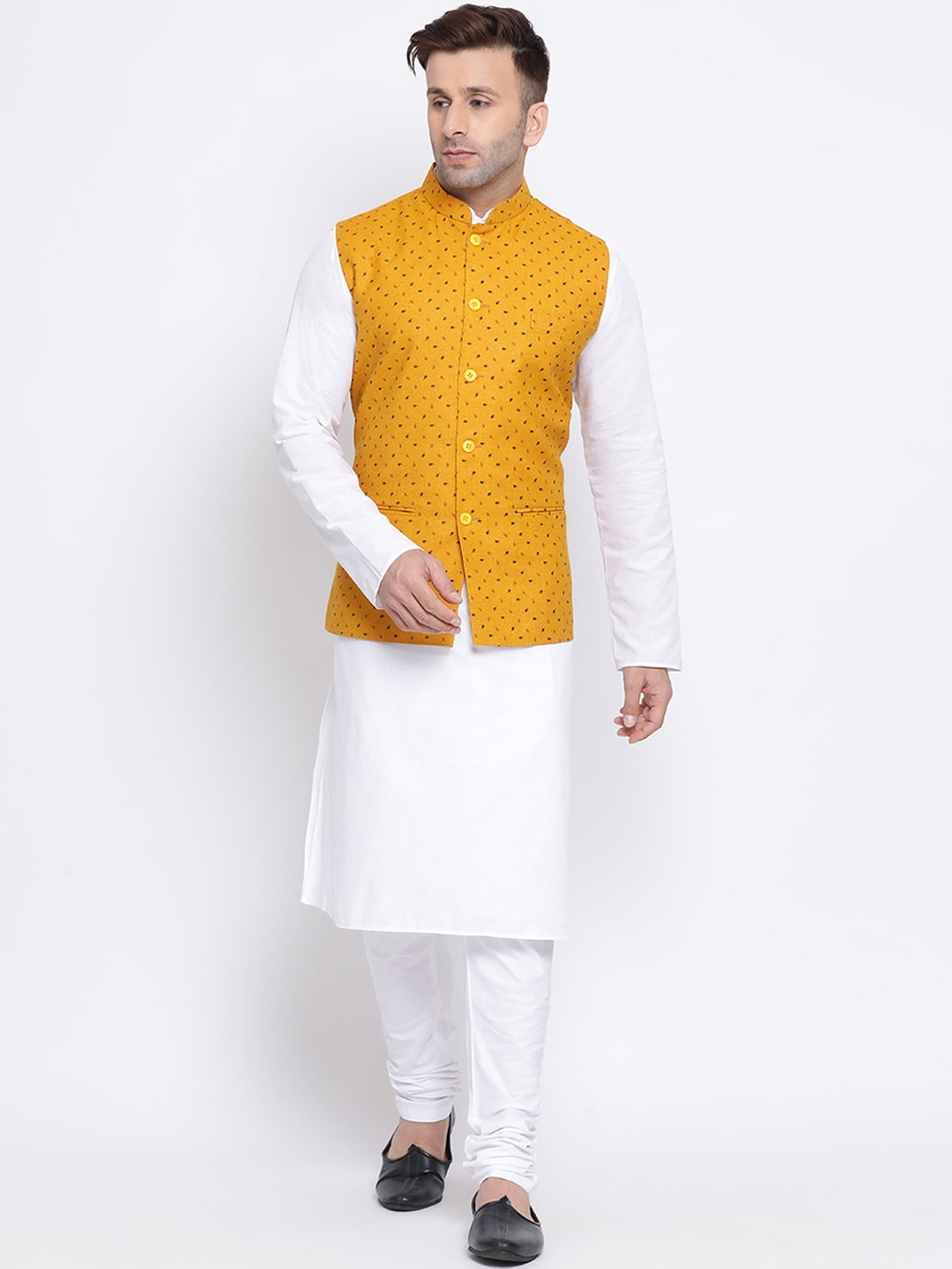 

NAMASKAR Men White & Yellow Solid Kurta with Churidar & Nehru Jacket