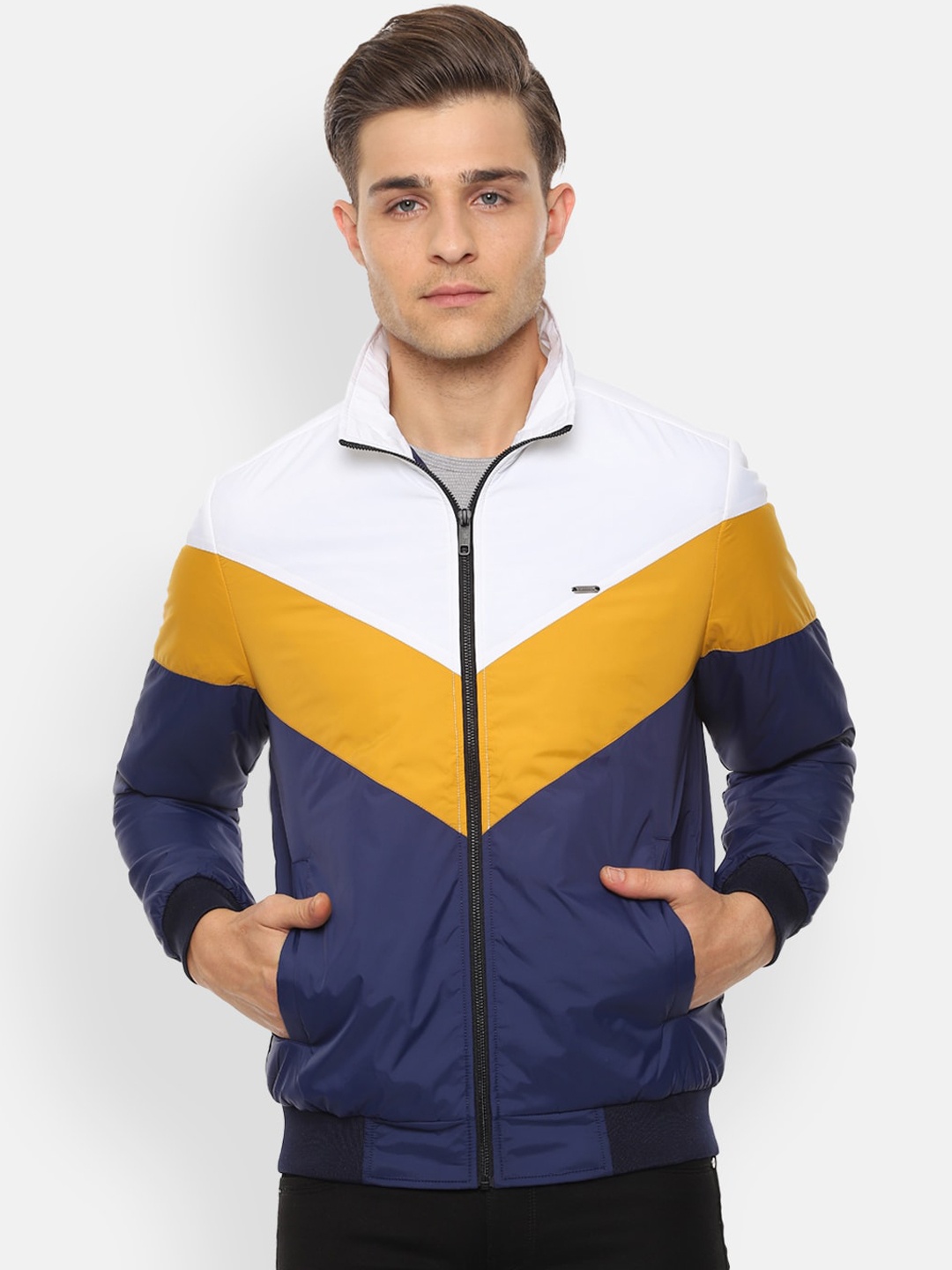 

Van Heusen Sport Men Navy Blue & White Colourblocked Bomber Jacket