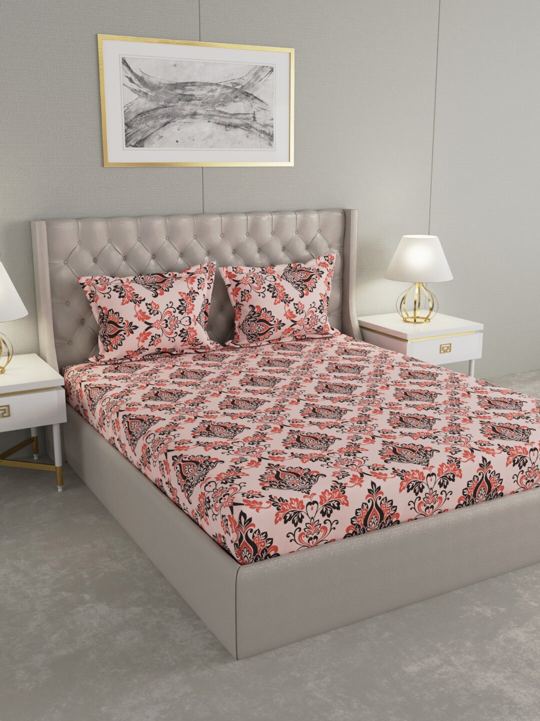

Raymond Home Peach-Colour & Brown Ethnic Motifs 104 TC Cotton Double Queen Bedsheet With 2 Pillow Covers