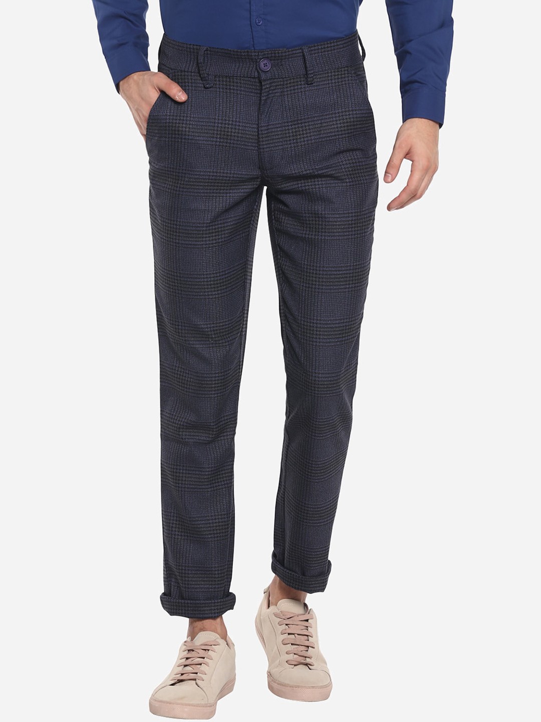 

Red Chief Men Black & Navy Blue Regular Fit Checked Regular Trousers