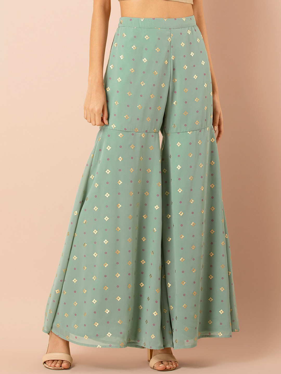 

INDYA Women Green & Gold-Coloured Printed Flared Palazzos