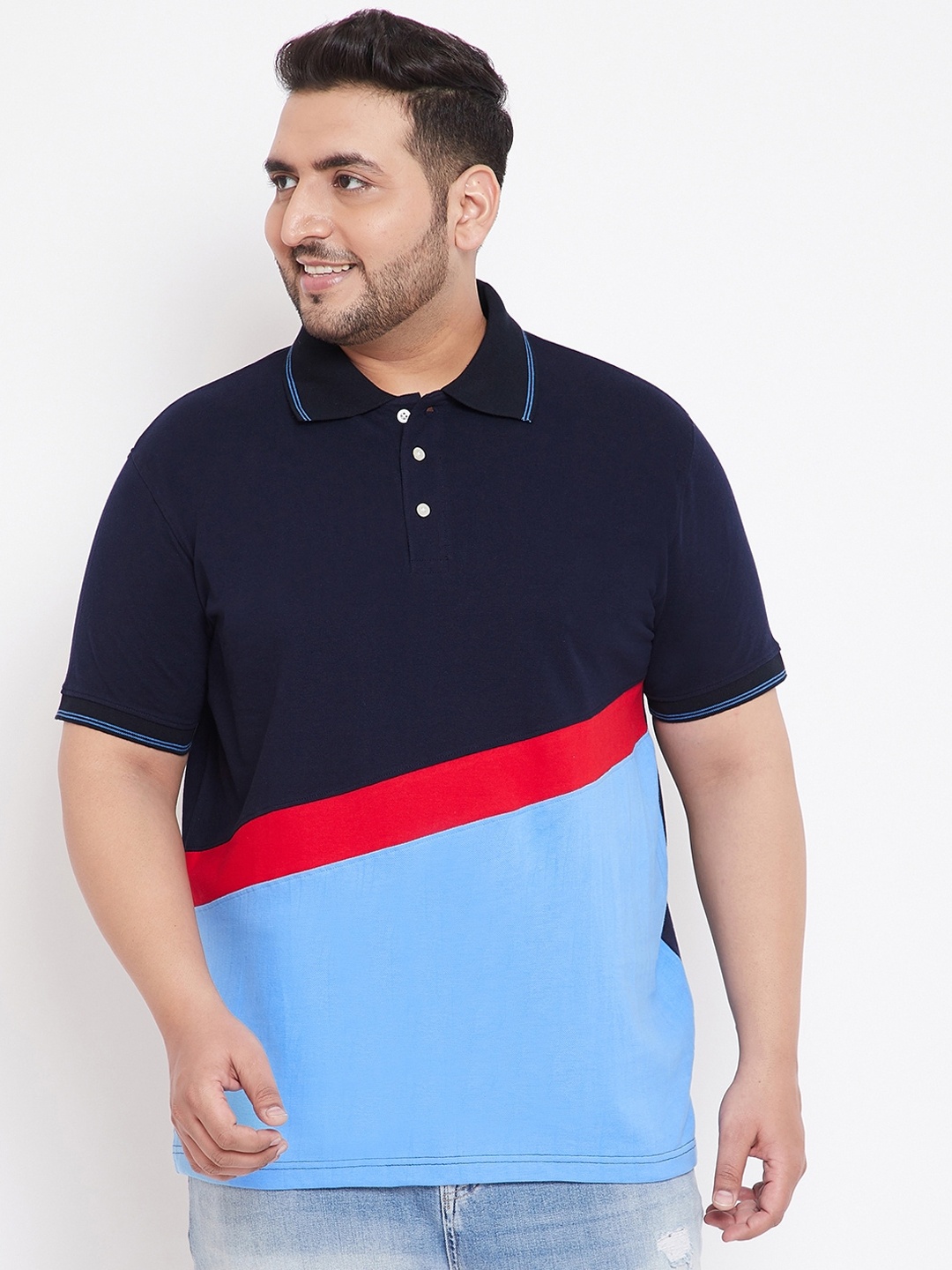 

bigbanana Men Plus Size Navy Blue Colourblocked Polo Collar T-shirt