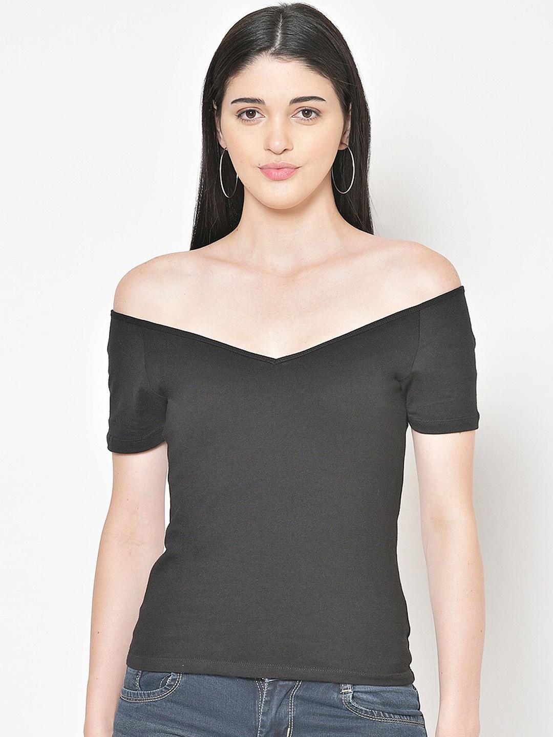 

Cation Women Black Solid Bardot Pure Cotton Top