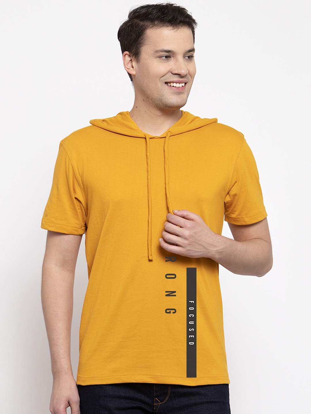 

Friskers Men Mustard Printed Hood T-shirt
