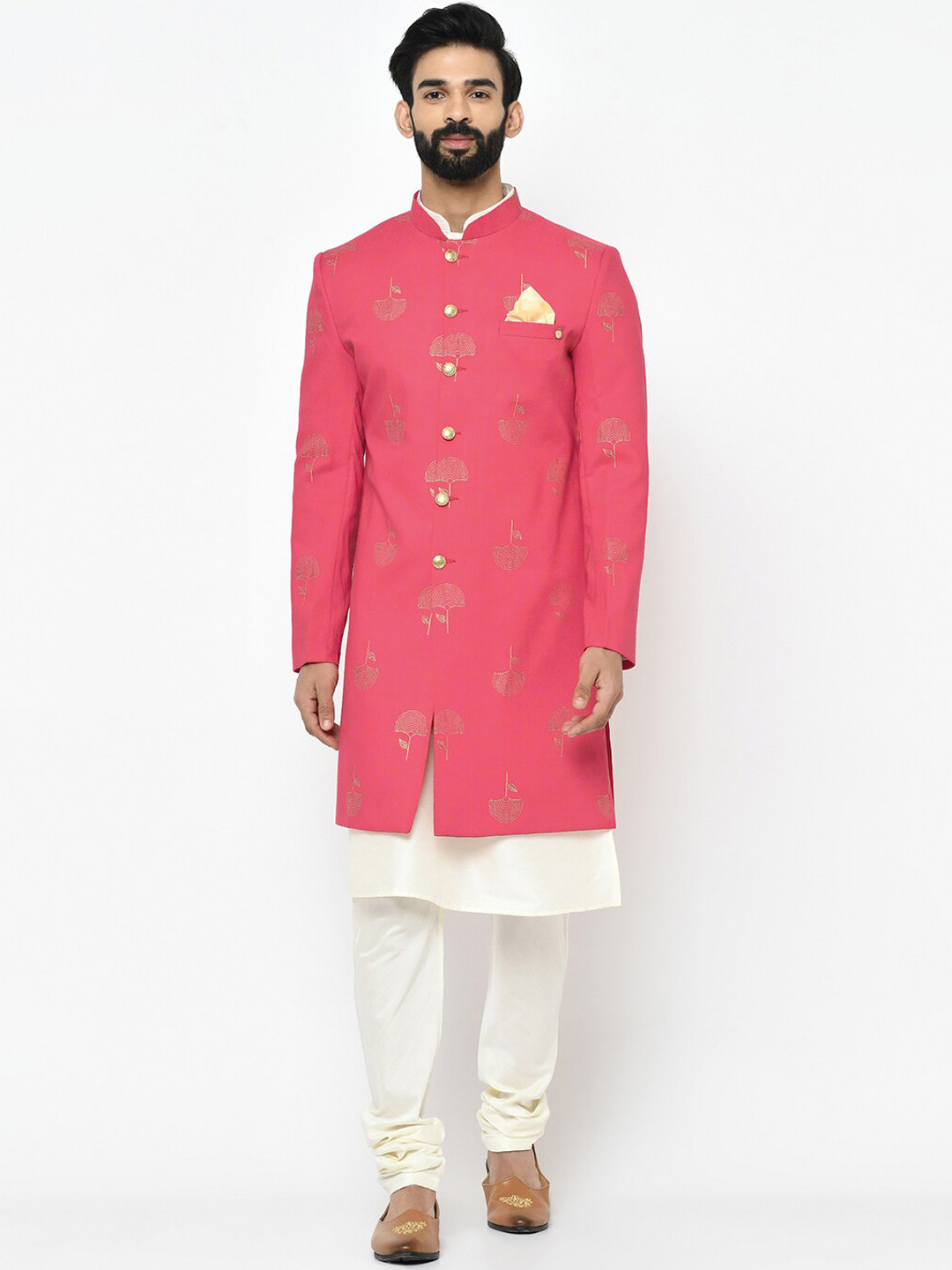 

KISAH Men Pink & White Printed Indowestern Sherwani Set