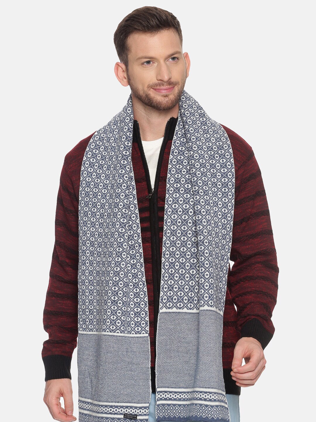 

513 Men Beige & Red Woven Design Mufflers, Grey