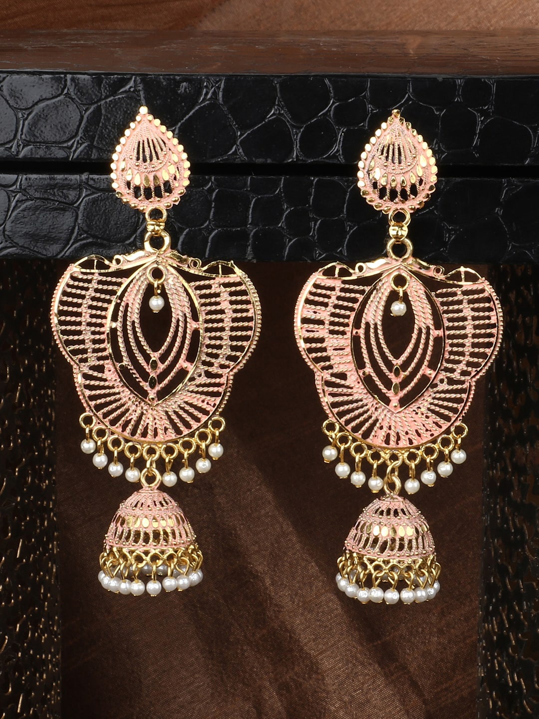 

ANIKAS CREATION Peach-Coloured & Gold-Toned Classic Jhumkas