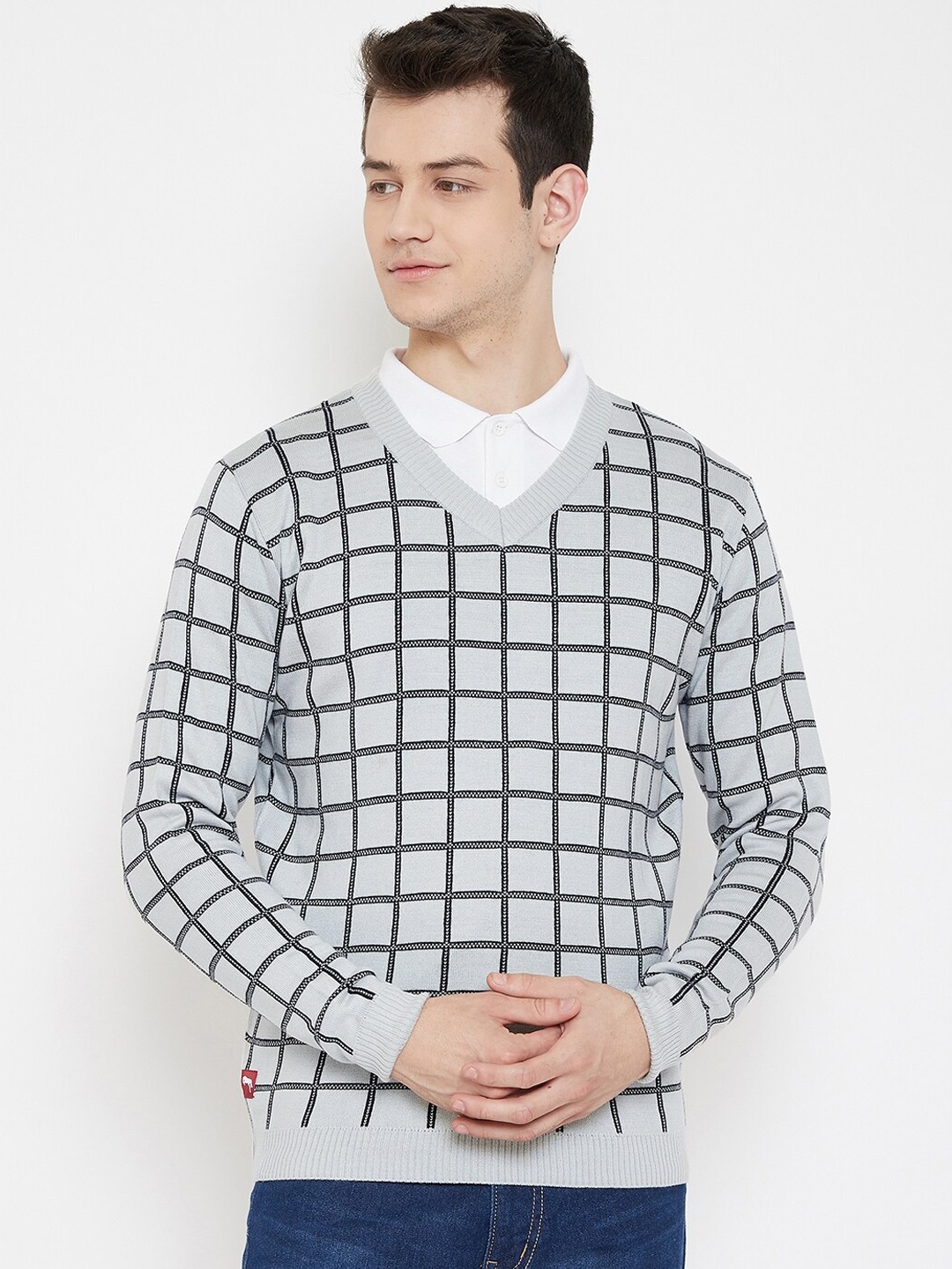 

JUMP USA Men Grey & Black Checked Pullover Sweater