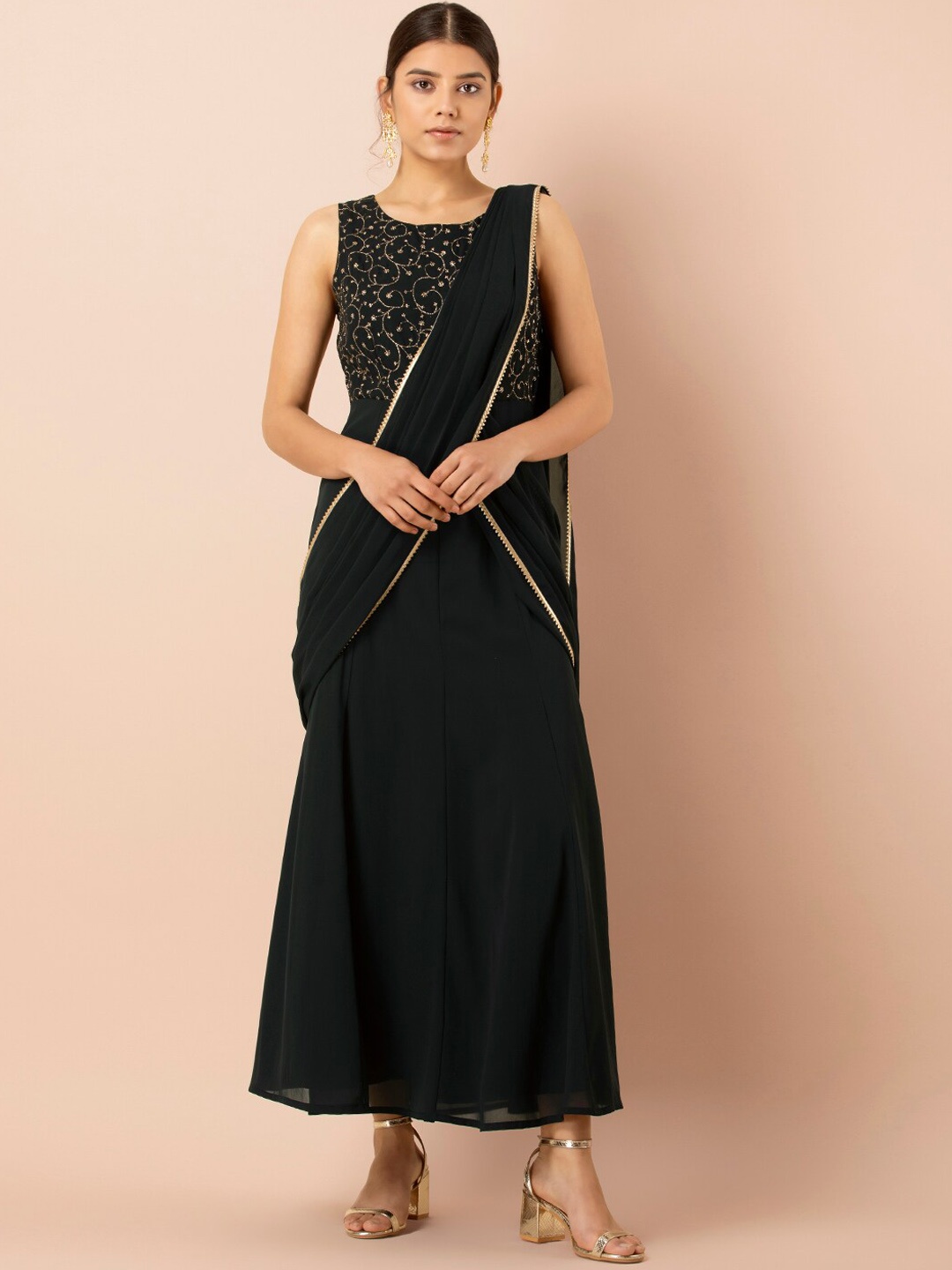 

INDYA Black Embroidered Fish Cut Kalidar Kurta with Attached Dupatta