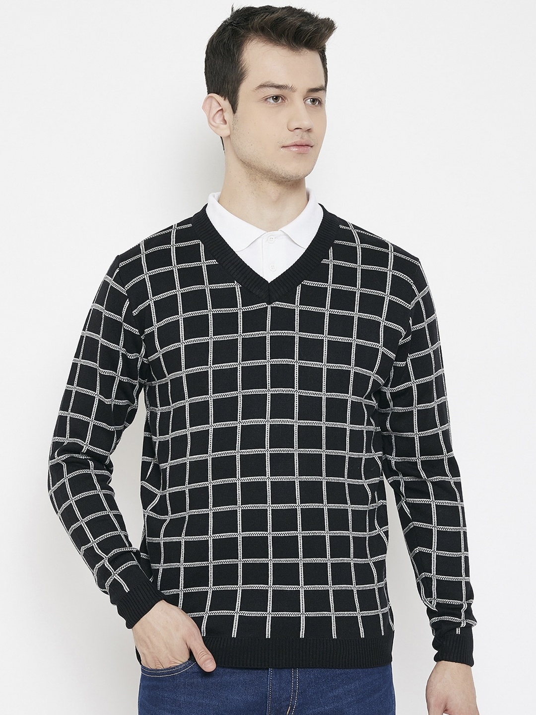 

JUMP USA Men Acrylic Black & White Checked Pullover Sweater
