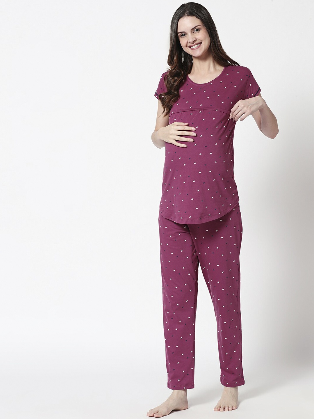 

Zeyo Women Purple & White Printed Maternity & Feeding Night Suit