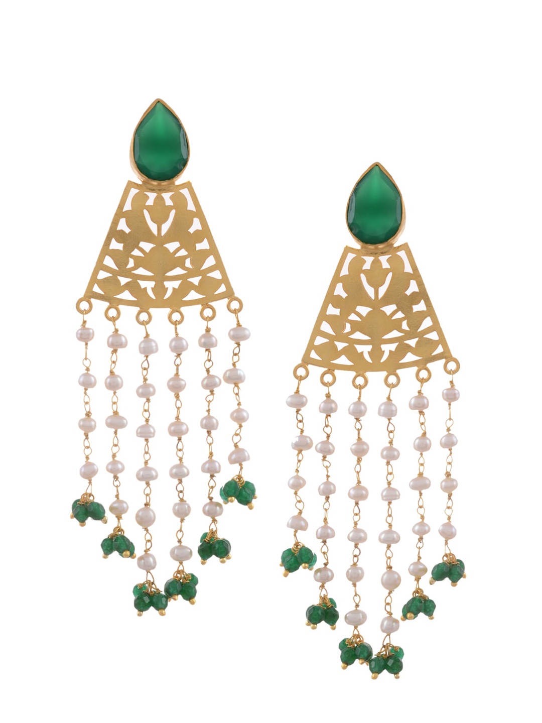 Silvermerc Designs Gold Plated Taselled Green Geometric Drop Earrings
