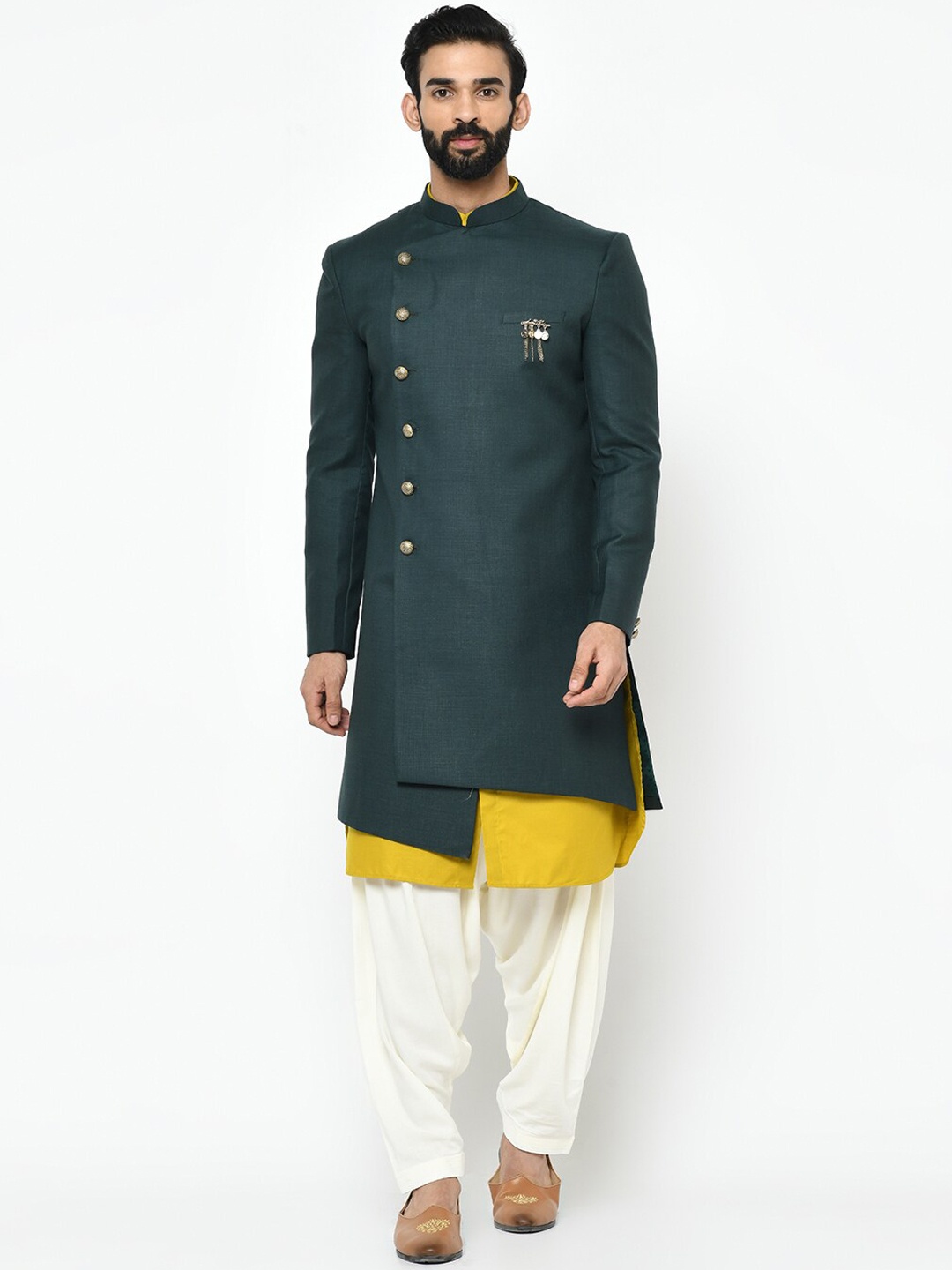 KISAH Men Solid Indowestern Sherwani Set, Green