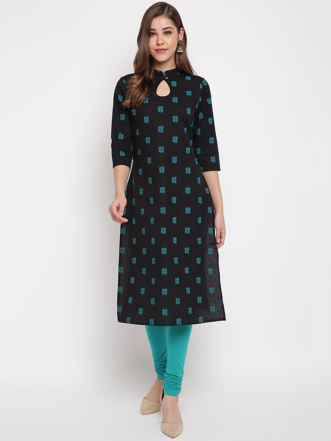 

Janasya Women Black & Green Printed Straight Kurta