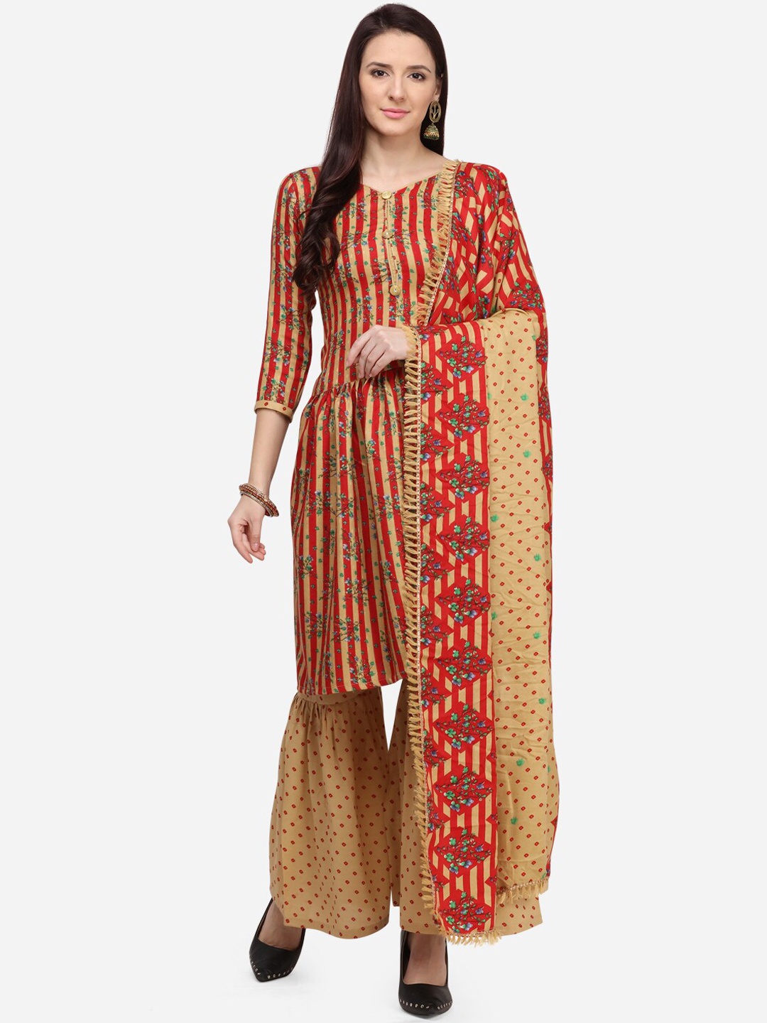 

SHAVYA Red & Beige Pure Cotton Unstitched Dress Material
