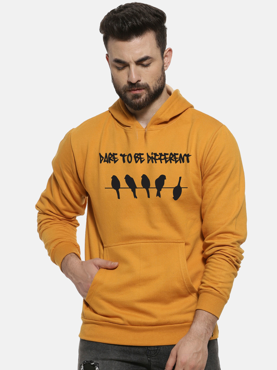 

Campus Sutra Men Mustard Yellow Printed Hooded Sweatshirt