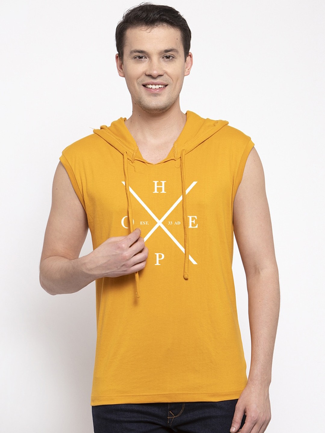 

Friskers Men Yellow Printed Hood T-shirt