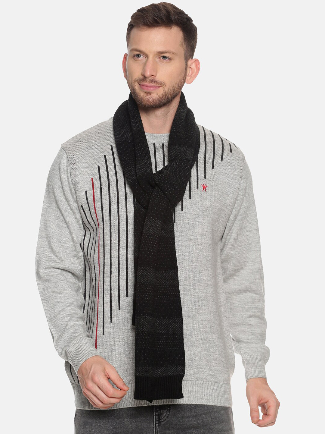 

513 Men Beige & Red Woven Design Mufflers, Black