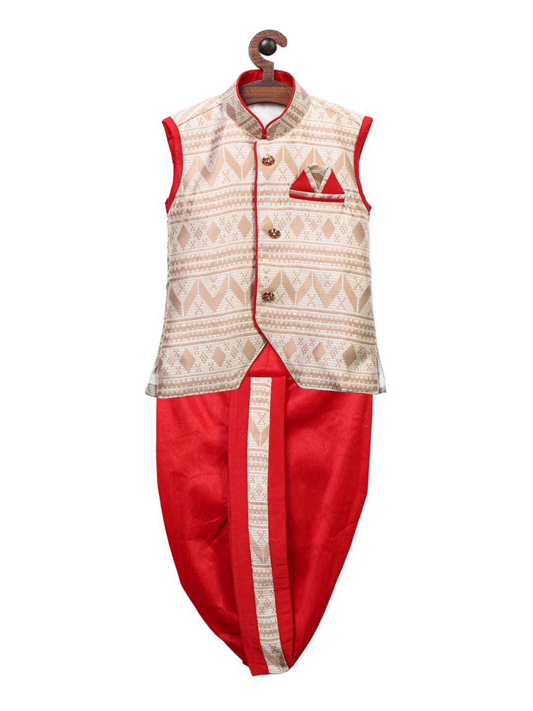 

Ridokidz Boys Red & Gold-Toned Woven Design Kurta with Dhoti Pants