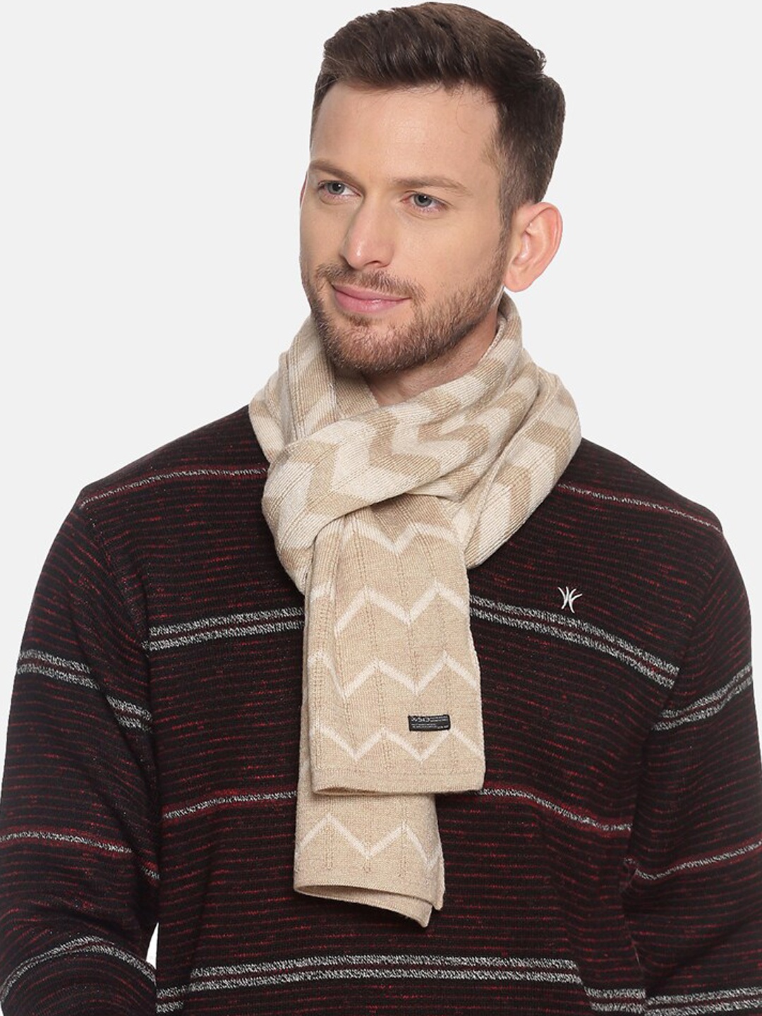 

513 Men Beige Chevron Patterned Muffler