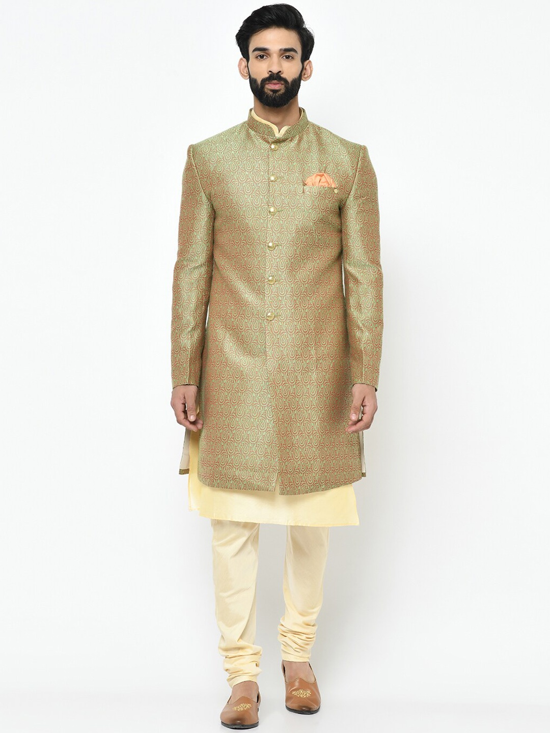 KISAH Men Green & Cream Coloured Printed Indowestern Sherwani Set