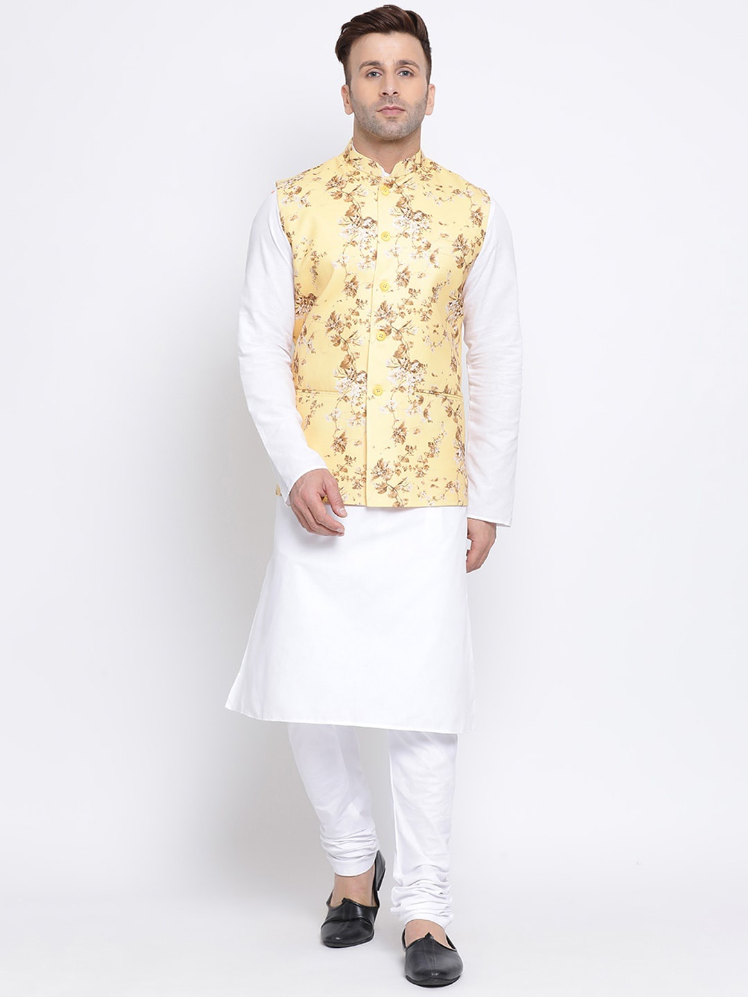

NAMASKAR Men White & Yellow Solid Kurta with Churidar & Nehru Jacket