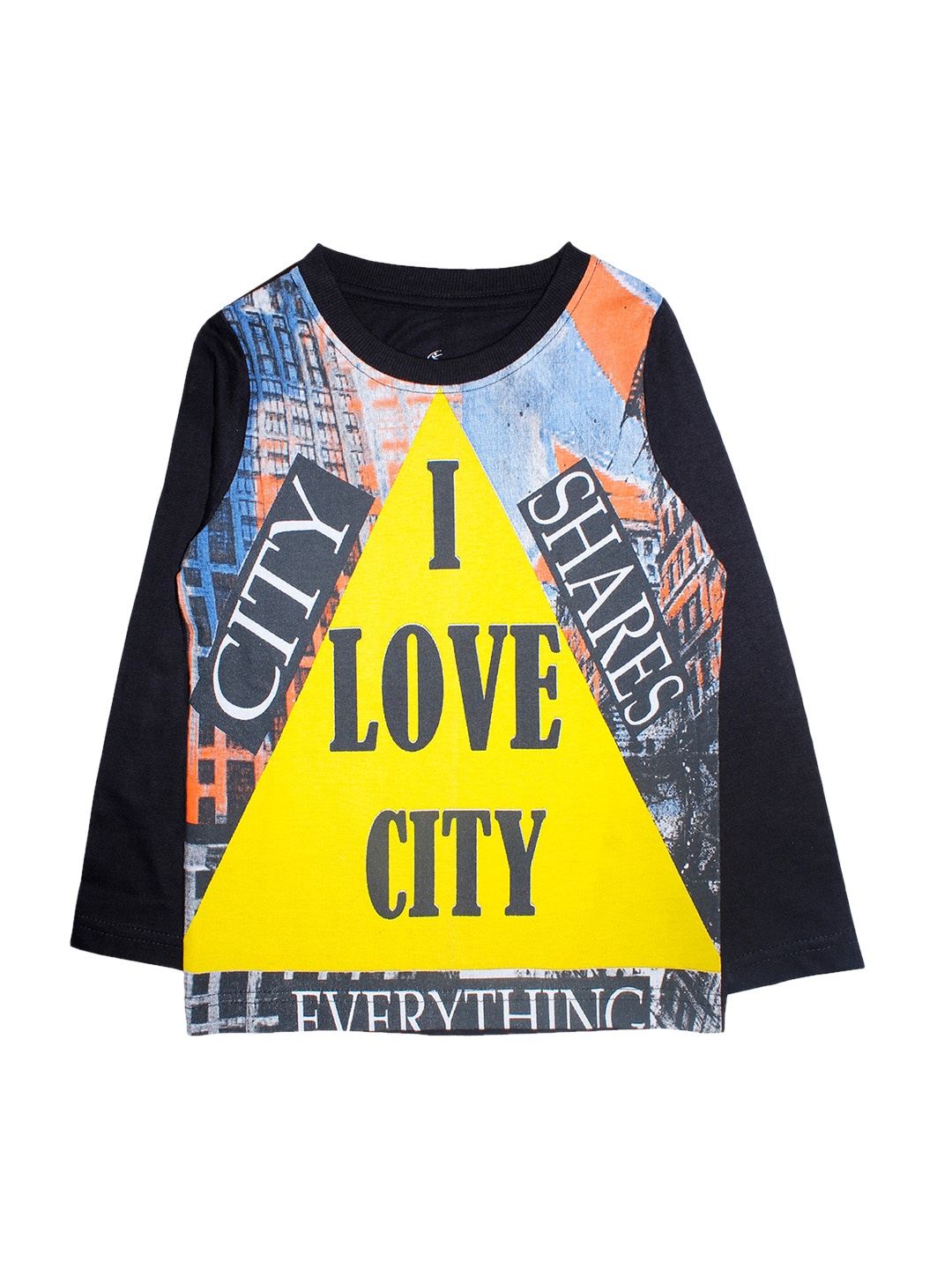 

KiddoPanti Boys Black Yellow Printed Round-Neck Pure Cotton T-shirt
