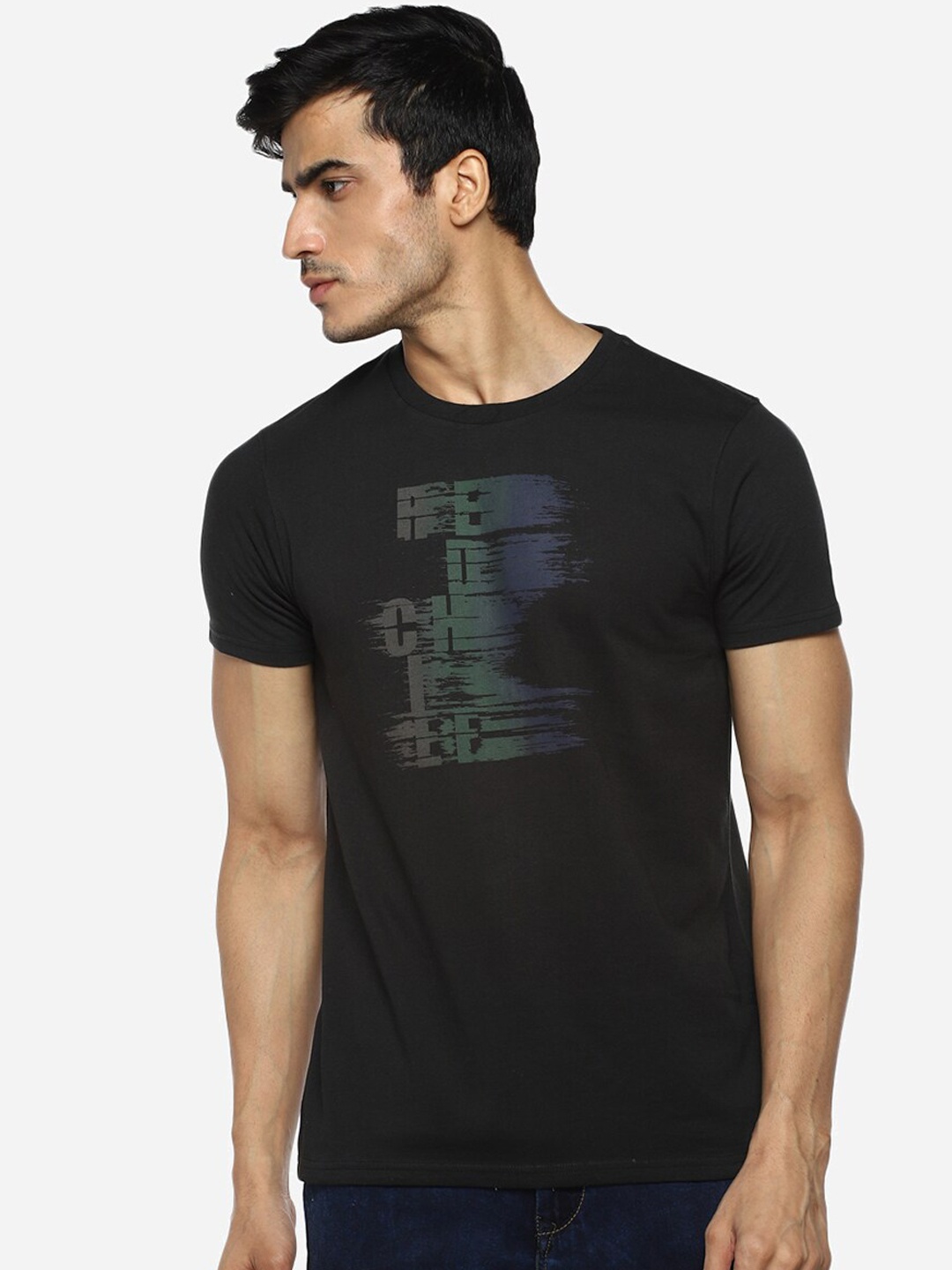 

Red Chief Men Black Printed Round Neck Pure Cotton T-shirt