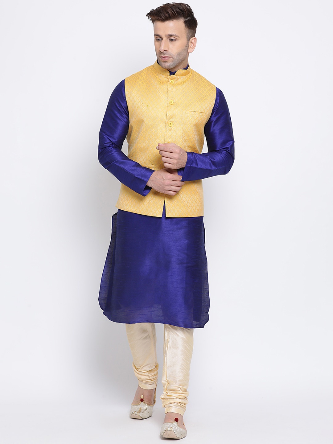 

NAMASKAR Men Blue & Yellow Woven Design Kurta with Churidar
