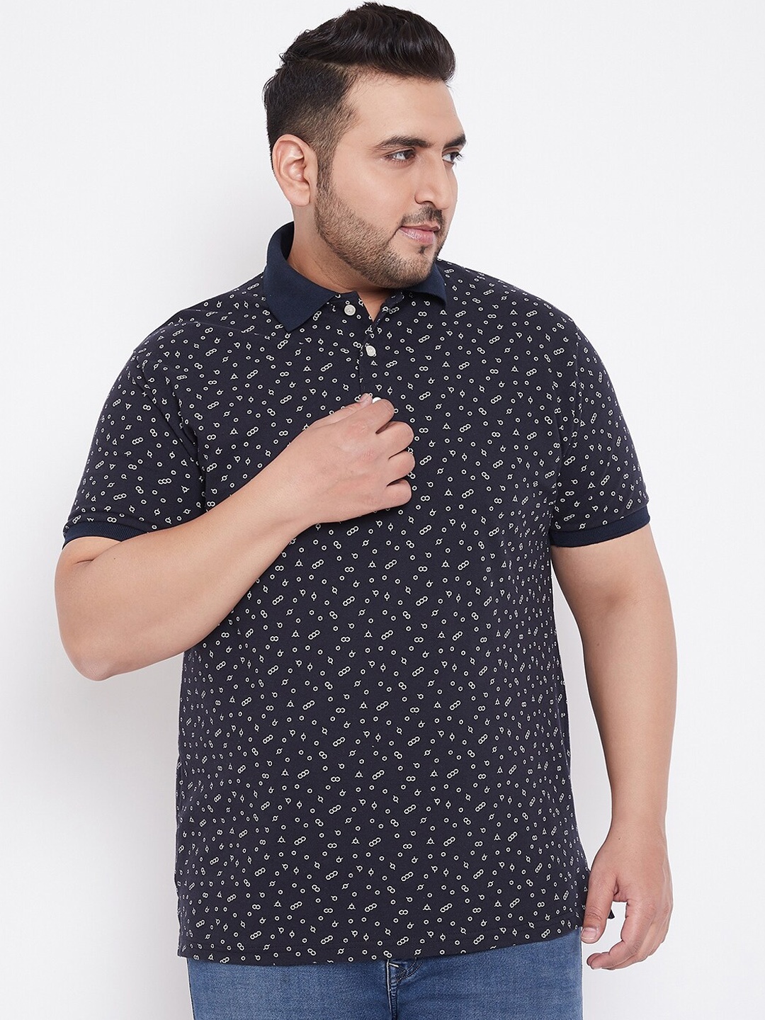 

bigbanana Men Navy Blue Printed Mandarin Collar Pure Cotton T-shirt