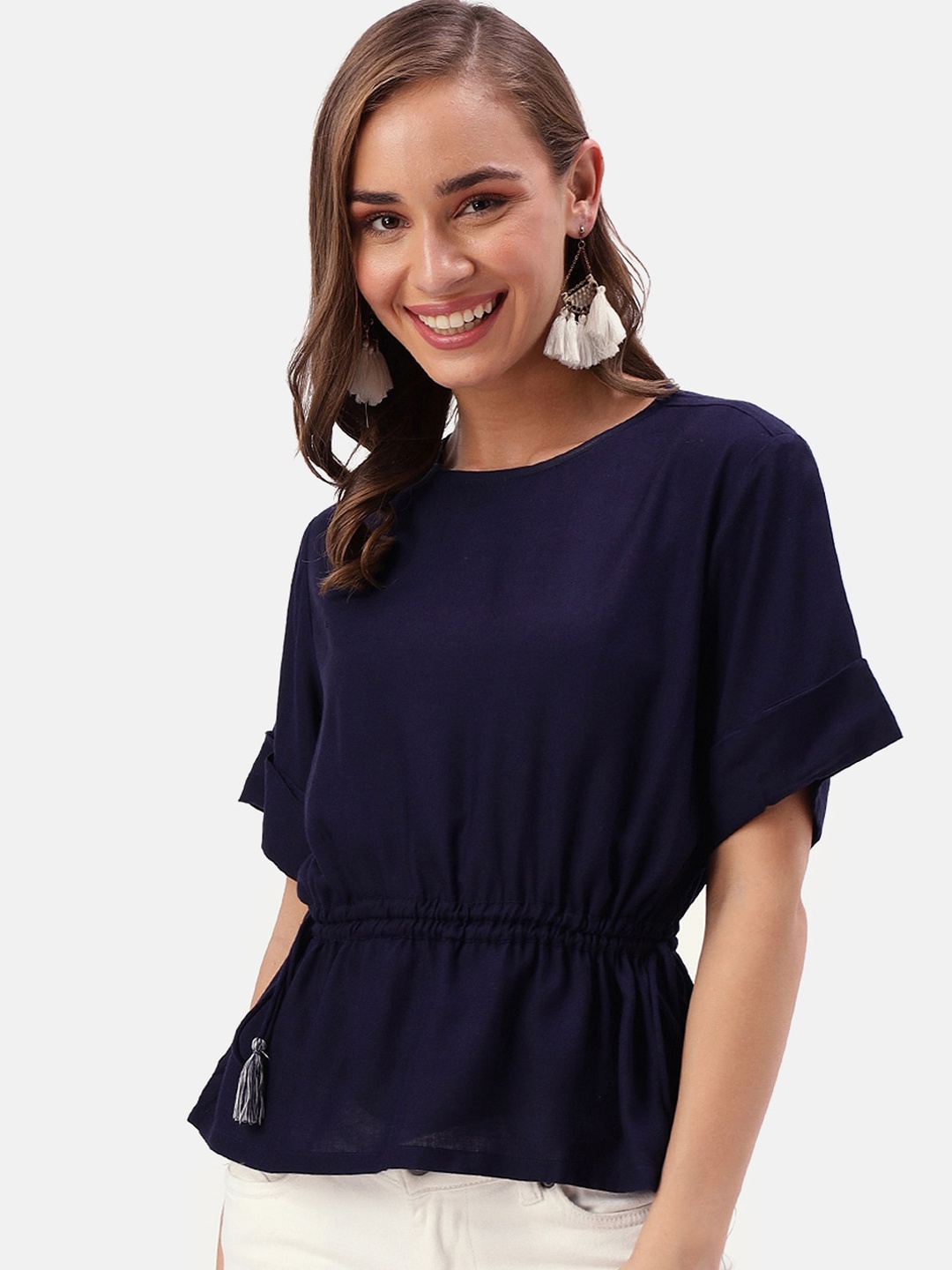 

Saaki Women Navy Blue Solid Cinched Waist Pure Cotton Top