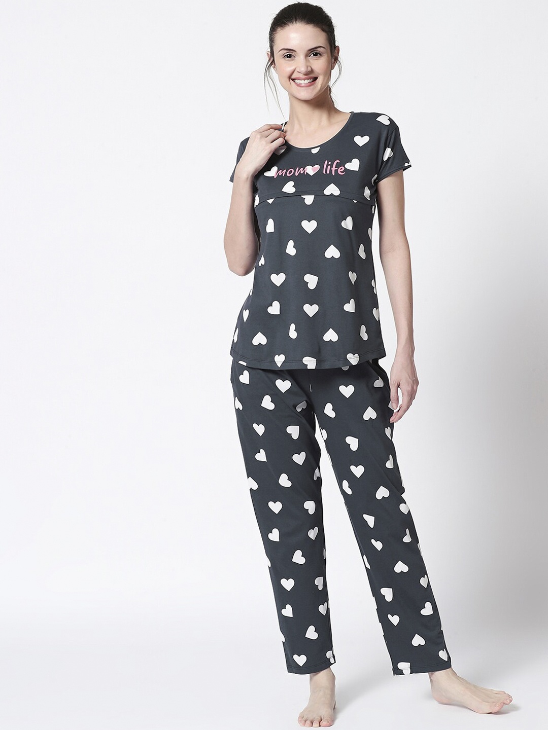 

Zeyo Women Grey & White Printed Nursing & Feeding Night Suit