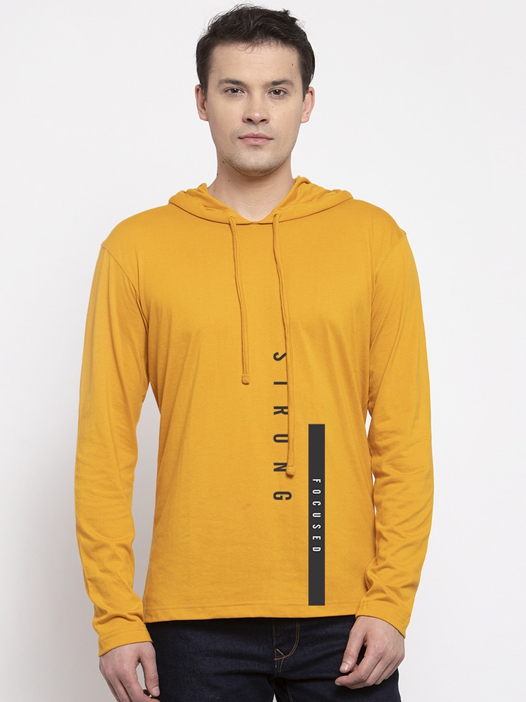 

Friskers Men Mustard Yellow Printed Hood T-shirt