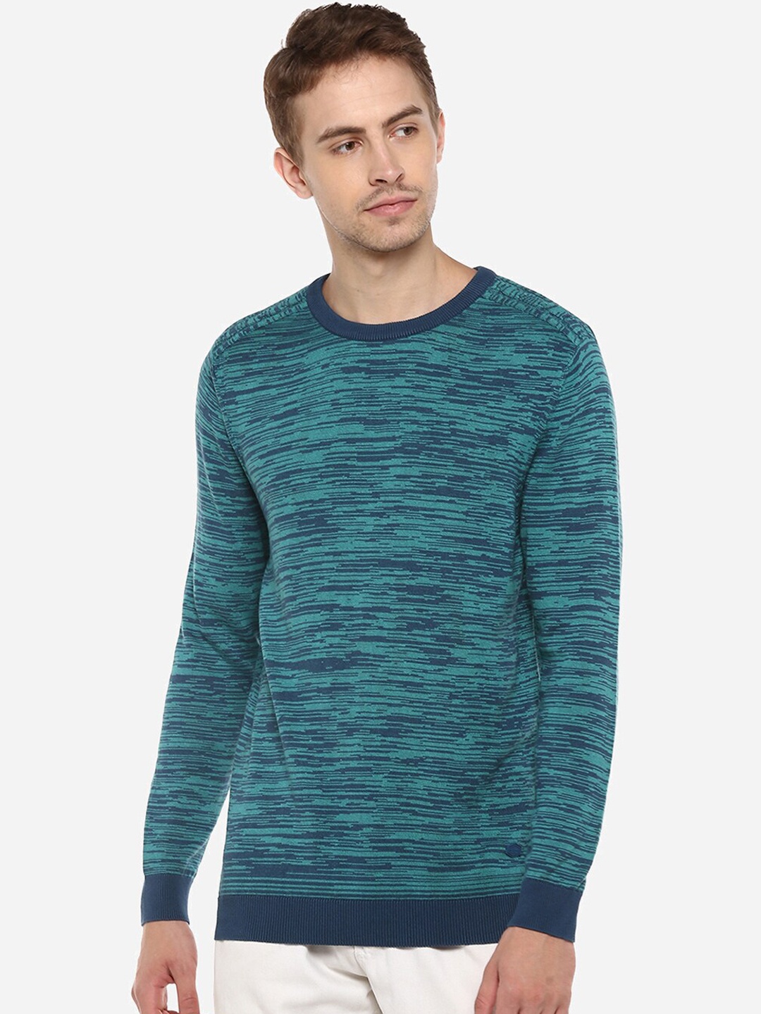 Red Chief Men Turquoise Blue Self Design Sweater