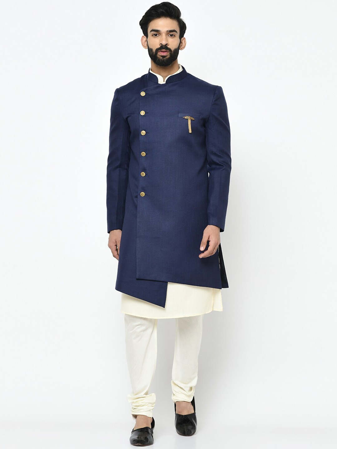 

KISAH Men Navy Blue & Off White Solid Indowestern Sherwani Set