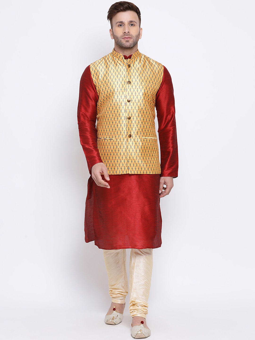 

NAMASKAR Men Maroon & Beige Self Design Kurta with Churidar & Nehru Jacket