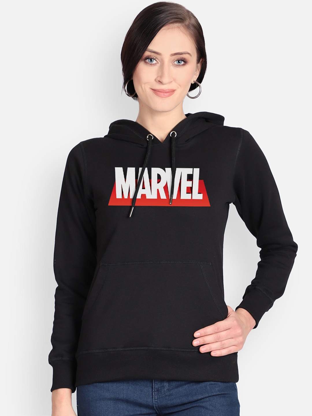 

Free Authority Women Black Marvel Printed Hooded Sweatshirt