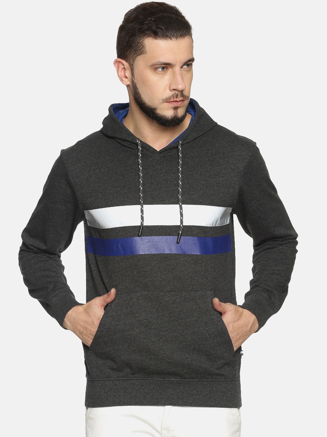 

Chennis Men Charcoal Colourblocked Hooded Sweatshirt