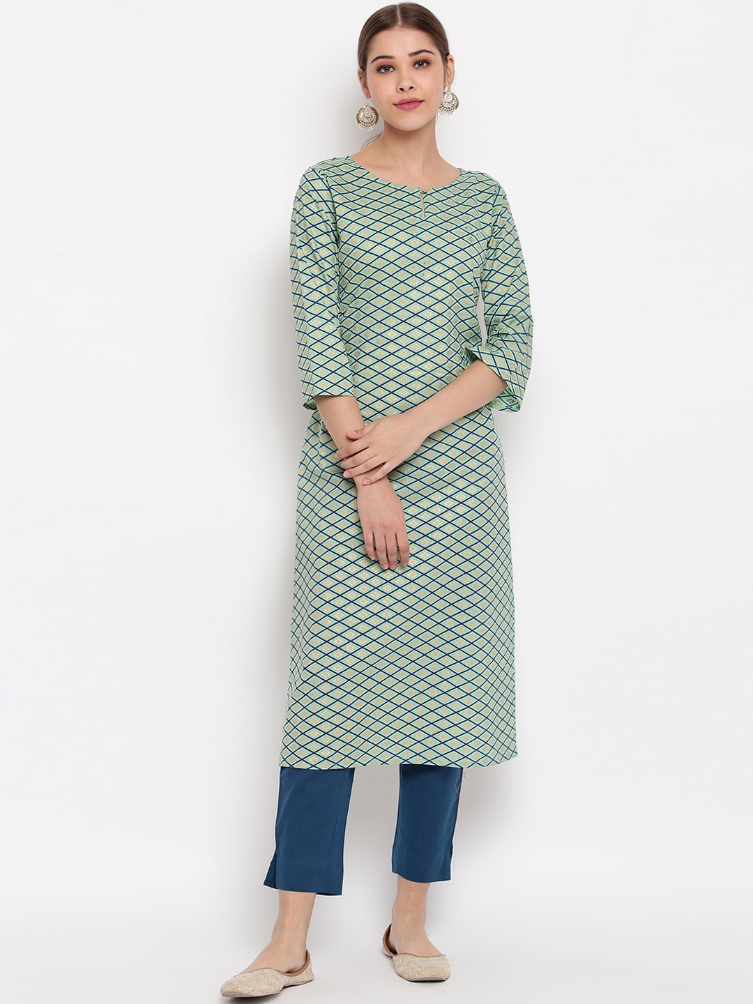 

Janasya Women Green & Blue Printed Straight Kurta