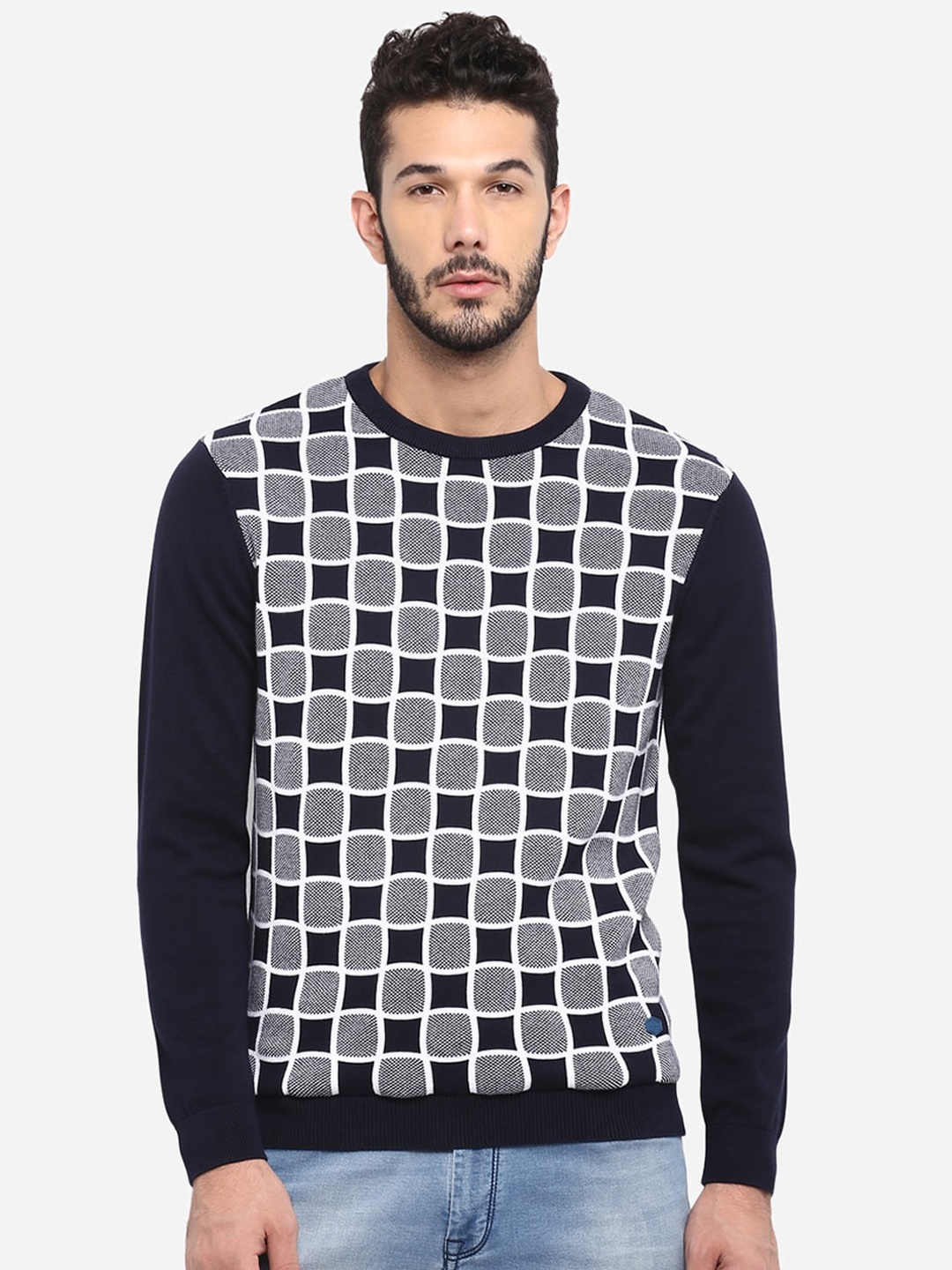 

Red Chief Men Navy Blue & Grey Checked Sweater