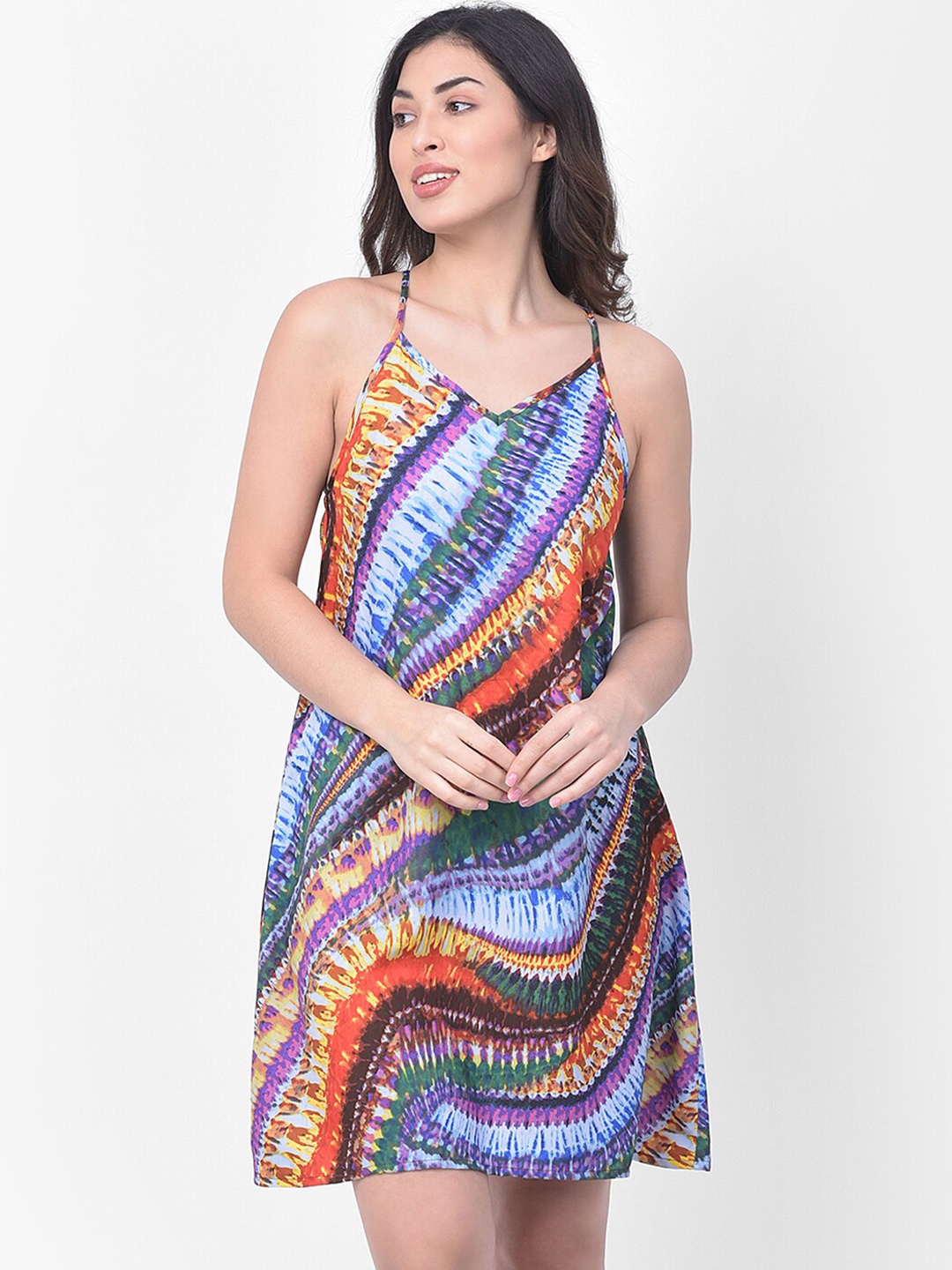 Clovia Women Blue & Orange Printed Nightdress