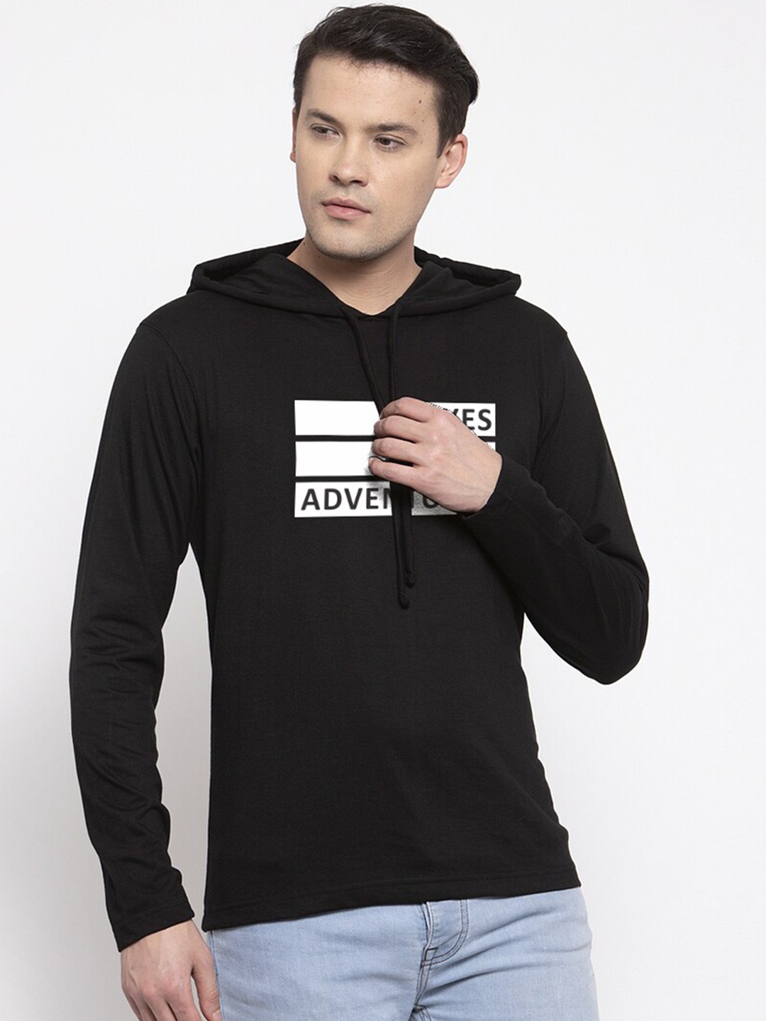 Friskers Men Black Printed Hood T-shirt