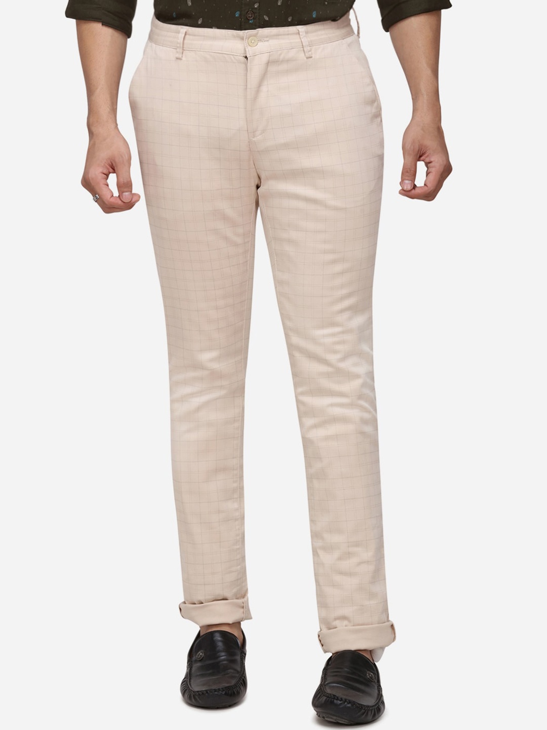 

Greenfibre Men Cream Slim Fit Checked Regular Trousers