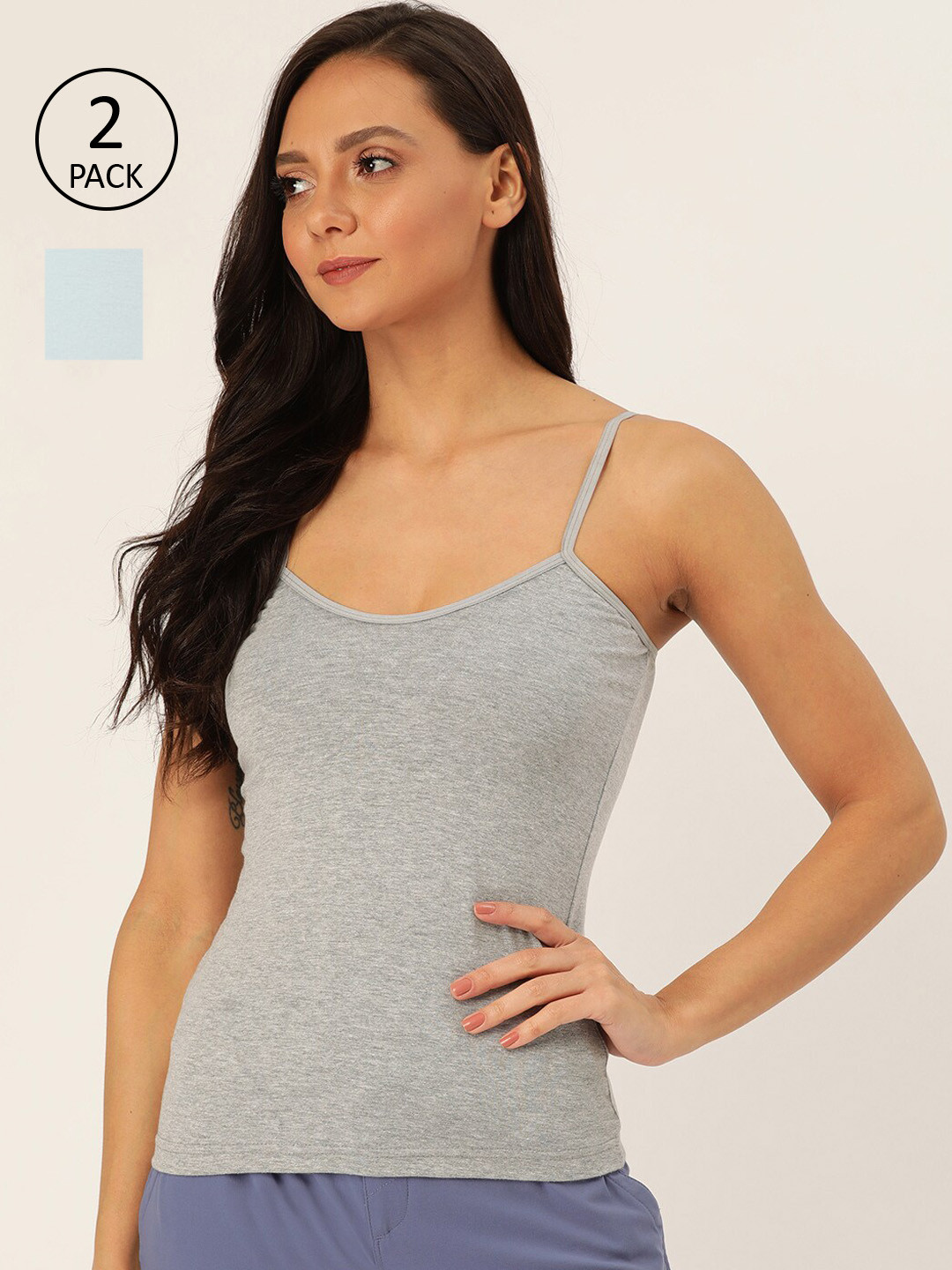 

Lady Lyka Women Pack of 2 Solid Camisoles, Grey melange