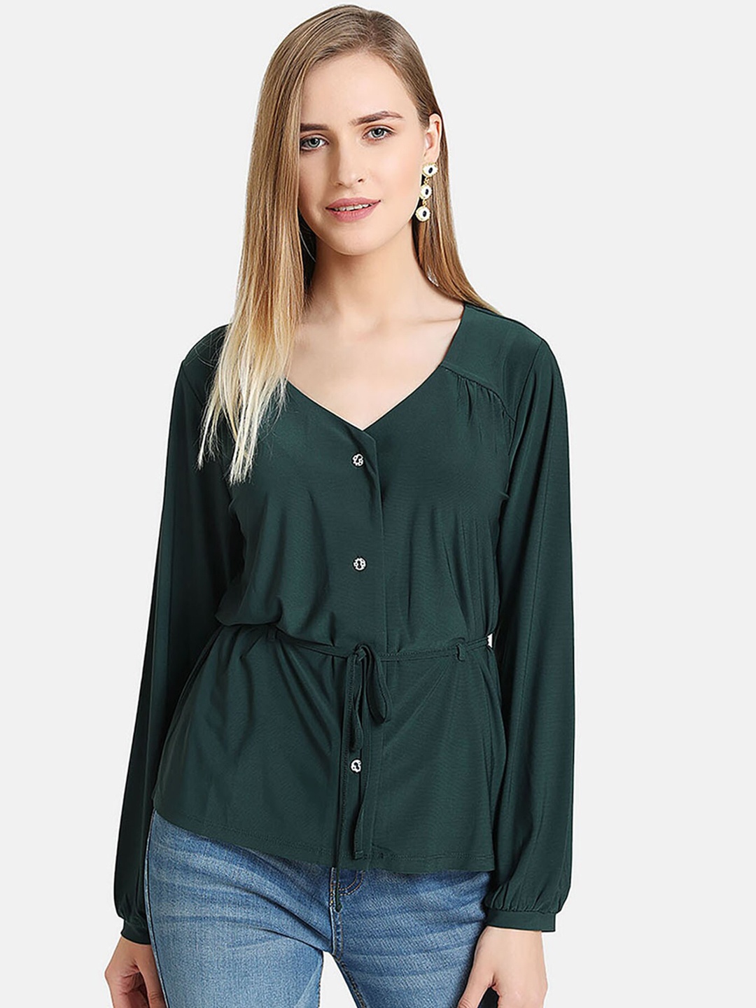 

Kazo Women Green Solid Cinched Waist Top