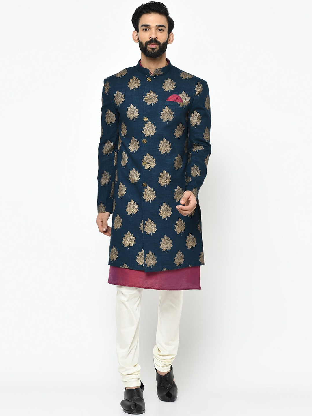 

KISAH Men Multicoloured Indowestern Sherwani Set, Navy blue