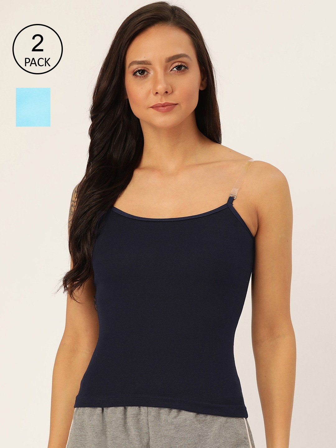 

Lady Lyka Women Pack of 2 Solid Camisoles, Navy blue