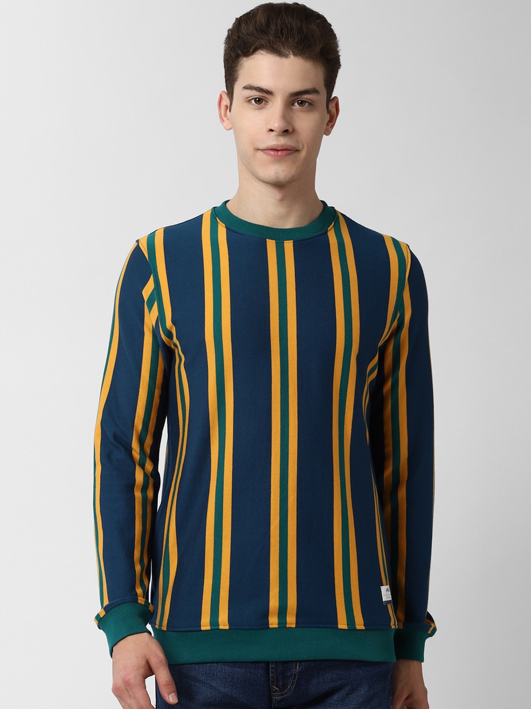 

Peter England Casuals Men Navy Blue & Yellow Striped Sweatshirt