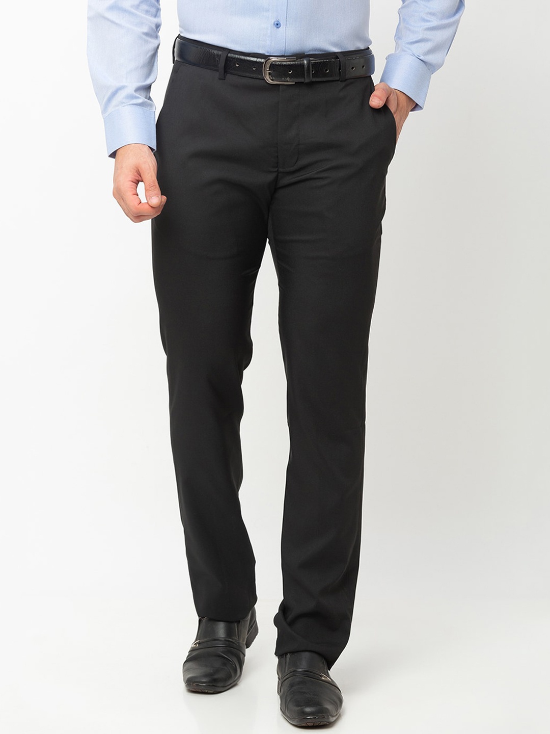 Globus Men Black Regular Fit Solid Formal Trousers